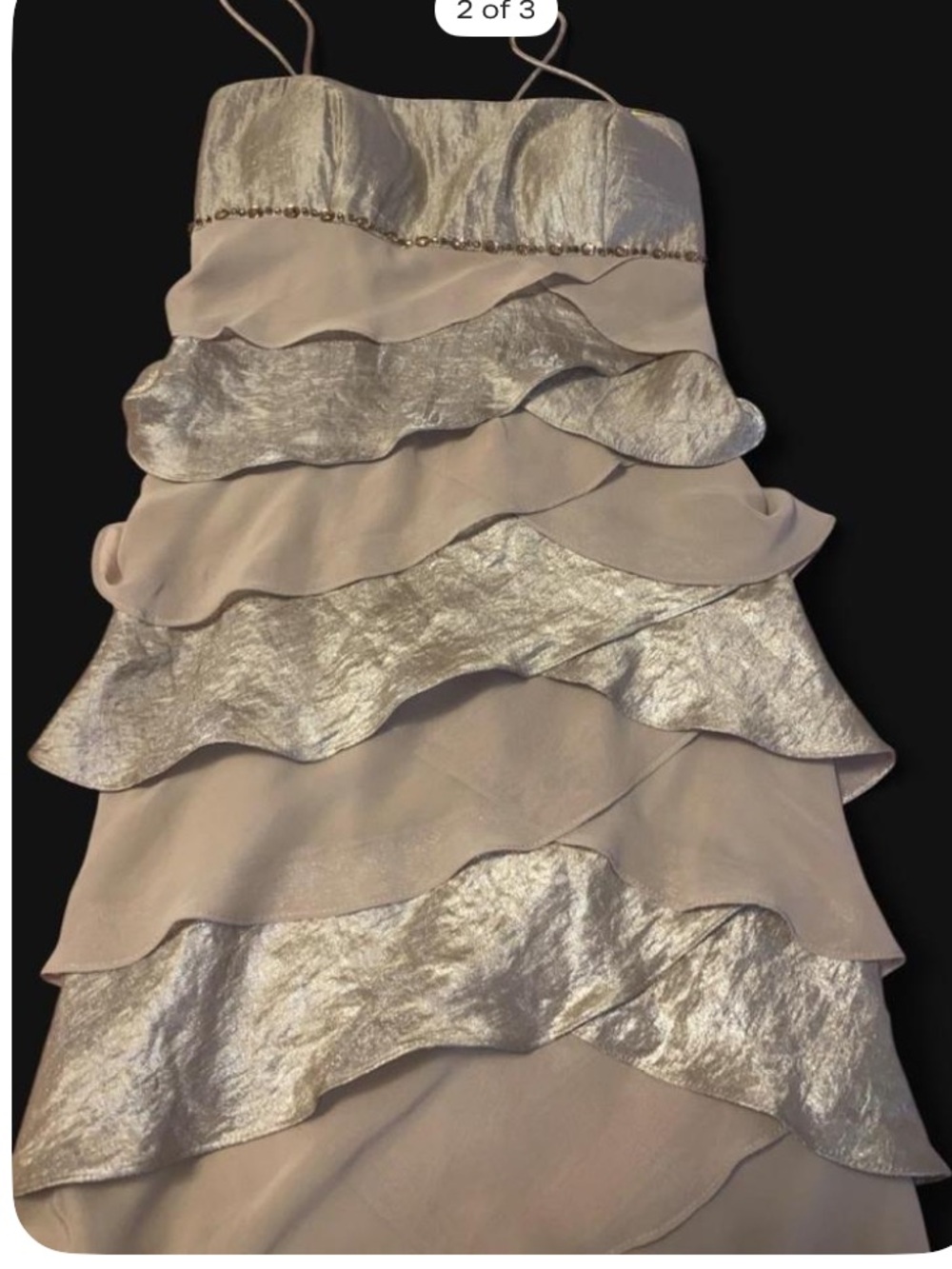 Beige and eMetallic Gold Ruffle Cocktail Dress - Picture 2 of 5